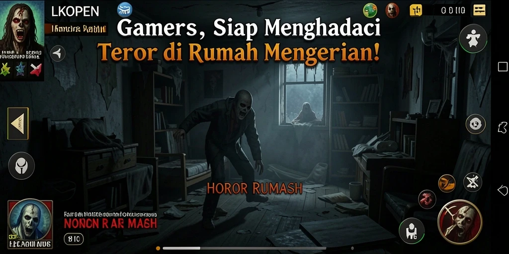 Tampilan antarmuka menegangkan dengan suasana horor yang kental.