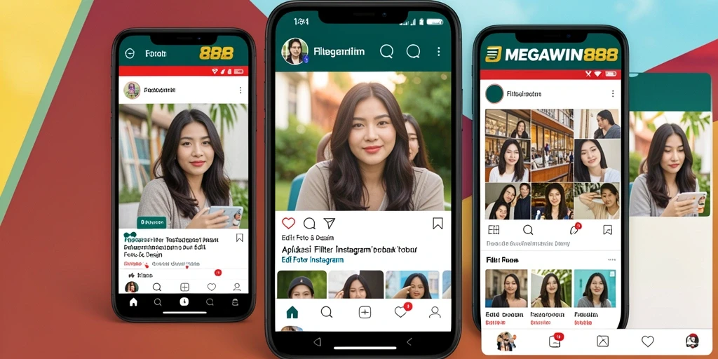 Tampilan antarmuka MEGAWIN888 dengan pilihan filter Instagram yang beragam.
