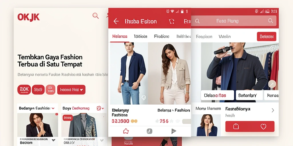 Antarmuka aplikasi OKJK menampilkan berbagai produk fashion menarik.