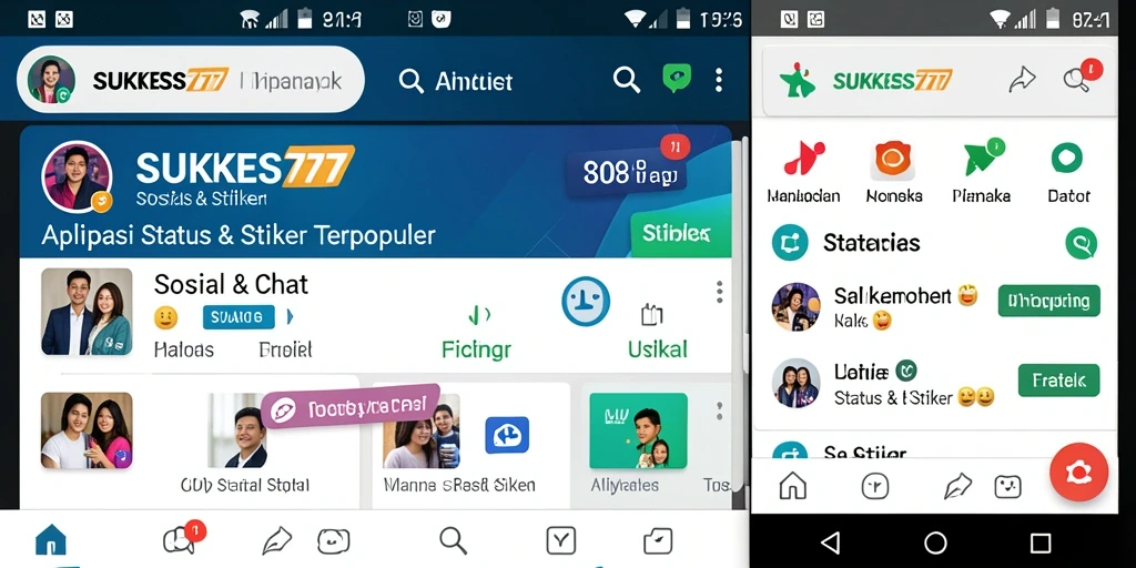 Antarmuka menarik dari aplikasi SUKSES777 dengan berbagai stiker.