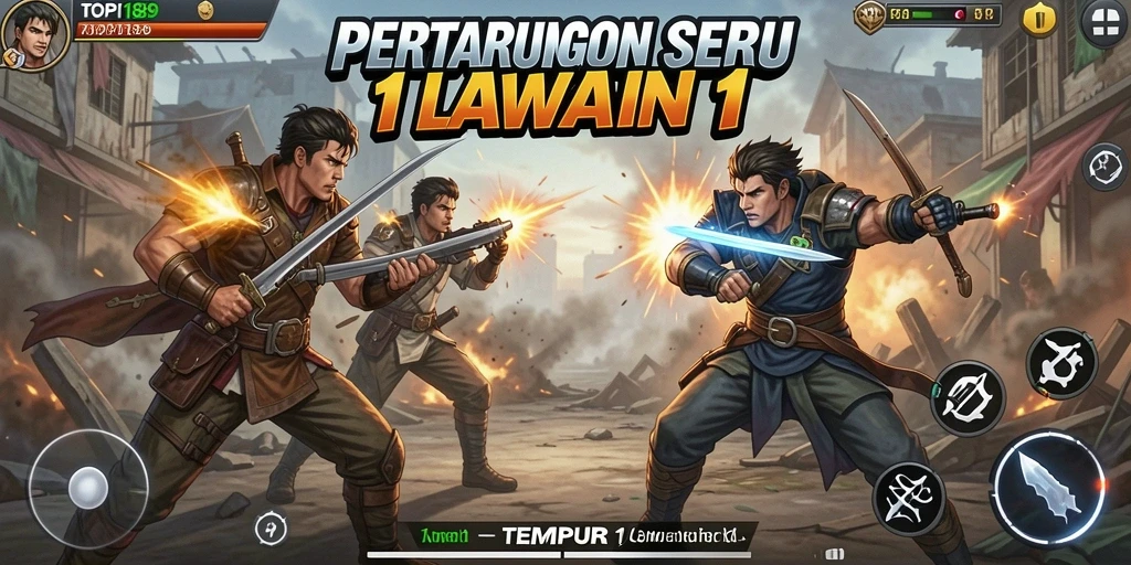 Screenshot utama TOPI189 menunjukkan pertarungan seru dan karakter unik.